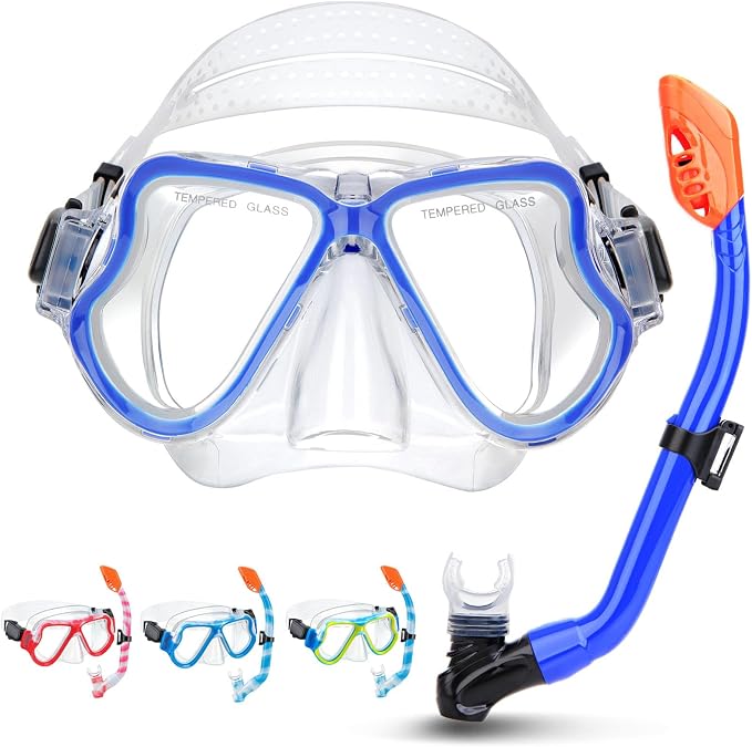 Snorkeling Gear for Kids, 4 in 1 Child Mask Fins Snorkel Set with Panoramic View Anti Fog Mask, Dry Top Snorkel, Trek Fins and Travel Bag, Kids Snorkeling Set with Fins for Snorkeling Swimming