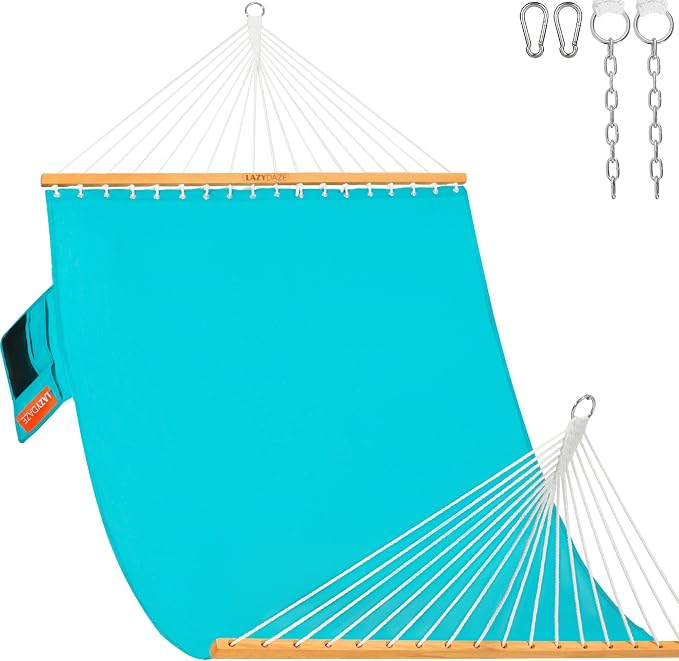 Lazy Daze Hammocks 11 FT Double Outside Hammock Quick Dry Olefin Fabric Hammock with Spreader Bar & Side Pocket for Outdoor Poolside Backyard 450 lbs Capacity, Turquoise