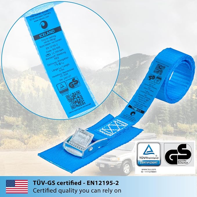valonic Iceland - tie Down Straps with Protection pad, 4 Pieces, 13 ft x 1 inch, 1100lbs, cam Buckle, TÜV Rheinl. Certified, Blue, Lashing Straps for roof Rack, Kayak, Bike, car