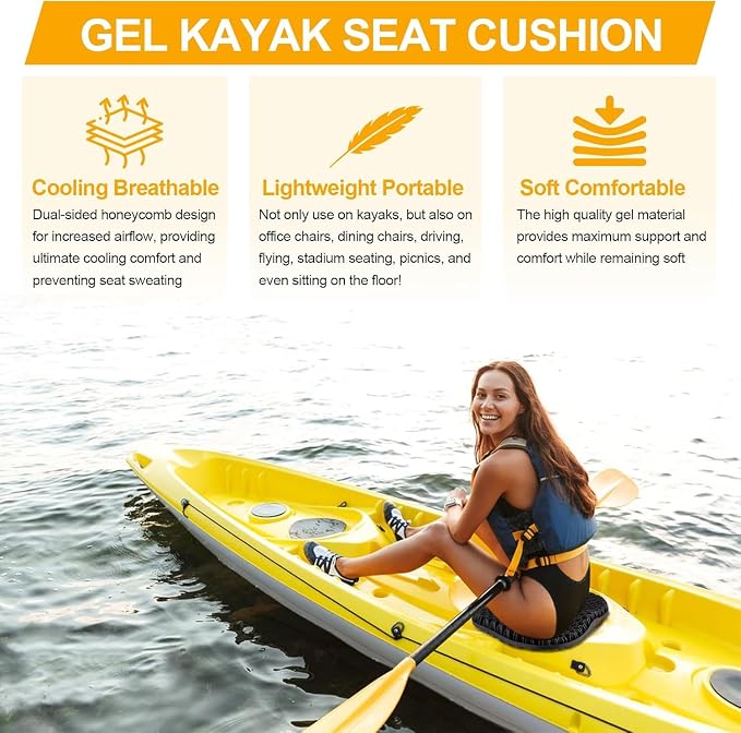 Anti Slip Kayak Seat Cushion,Thick Waterproof Seat Cushion Kayak Gel Seat Pad With Non-Slip Cover For Sit In Kayak Inflatable Kayak Canoe & Boat Kayak Accessories For Fishing Water Sports Outdoors