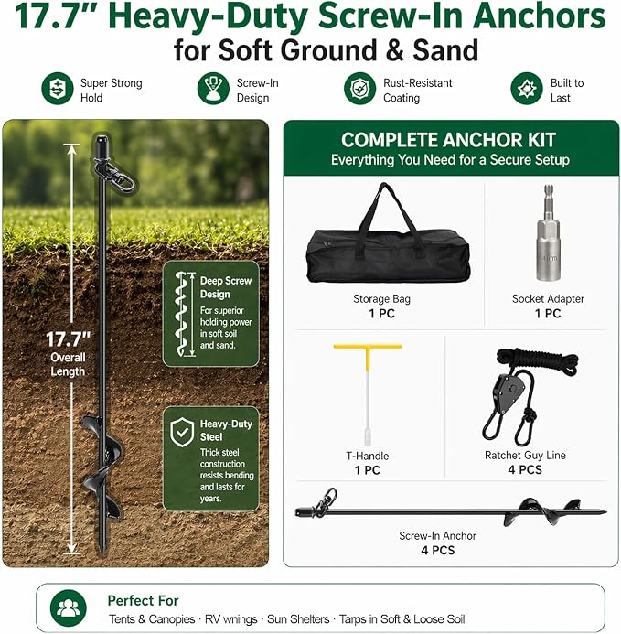4 Pack Screw-in Tent Stakes, 17.7" Heavy Duty Spiral Ground Anchors (8mm Solid Steel, 1.5" Helix) w/ 4×8ft Ratchet Guy Lines, M12 Wrench & Bag for Camping Tents, Canopies, Tarps, Beach Sand