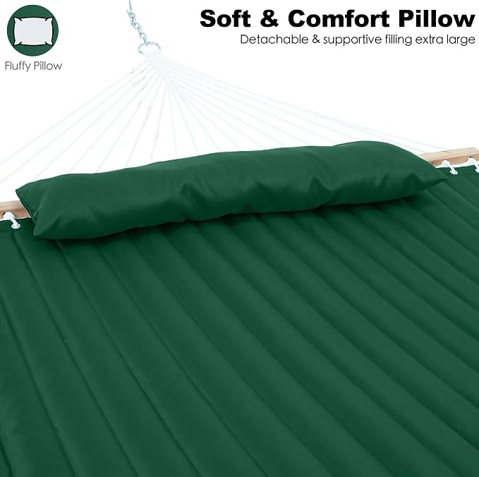 GAFETE Hammock 2 Person Quilted Fabric Hammocks for Outside, Double 12ft Hammocks with Spreader Bar, Large Removable Pillow, Storage Bag, Carabiners, Max 475 lbs Capacity (Night Green)