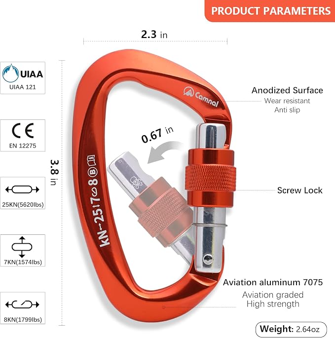Heavy Duty Carabiner UIAA Certified Locking Carabiner 25KN (About 5620 lbs) Screw Lock Carabiner D Shape Carabiner Clip for Rock Climbing, Mountaineer, Aerial Work