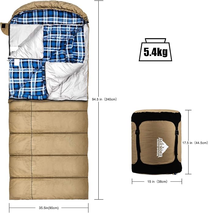 0 Degree Canvas Sleeping Bag for Adults, Cotton Flannel Sleeping Bag for Winter Camping, Fishing, Hunting or Traveling, Durable Cotton Canvas Shell and Removable Flannel Liner