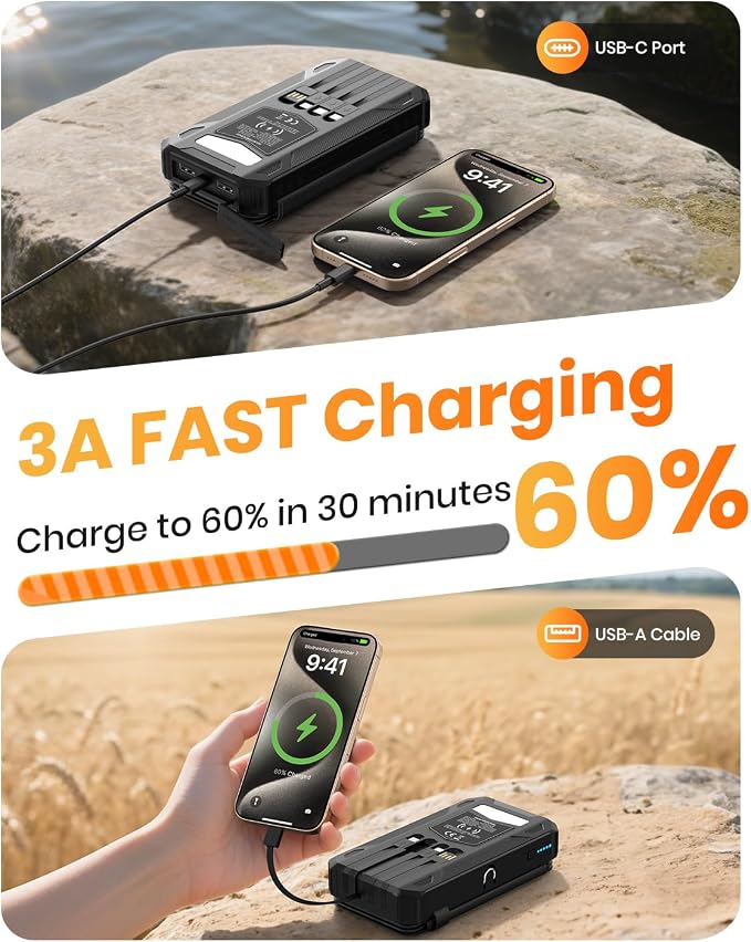 SOARAISE Solar Charger Power Bank 48000mAh PD QC 3.0 Fast Charging Wireless Portable Charger with 4 Solar Panels and 4 Cables, USB C Battery Pack for Cell Phone with Camping Flashlight, Carabiner