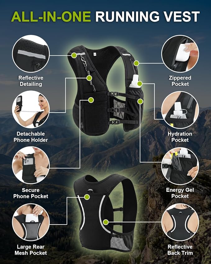 Running Vest with Touchscreen Phone Holder, 500ml/17oz Water Bottle Vest, Reflective Hydration Vest, 6 Pockets Zip Runners Vest – Lightweight, Adjustable, Breathable, Unisex