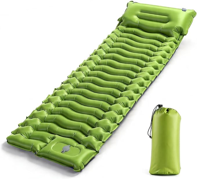 Camping Sleeping Pad, Ultralight Inflatable Sleeping Mat with Pillow & Foot Pump, Extra Thick Compact Camping Mattress for Hiking, Backpacking & Tent Use, Dual-Colored Design (Green)