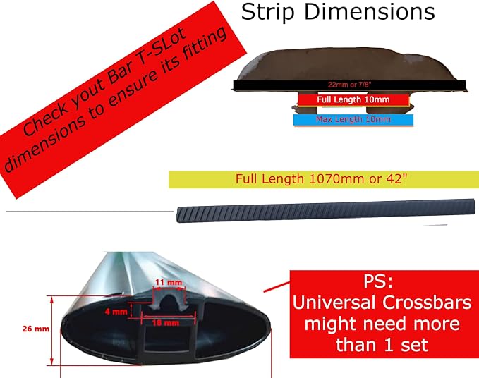 ROKIOTOEX Roof Rack Crossbars Noise Reduction Rubber Strips - Only Fits T-Slot top Width 10~11 mm - 2 Black Striped Strips |107cm or 42" Length - Cross Bar Wind-Noise Reduction Sealing Replacement