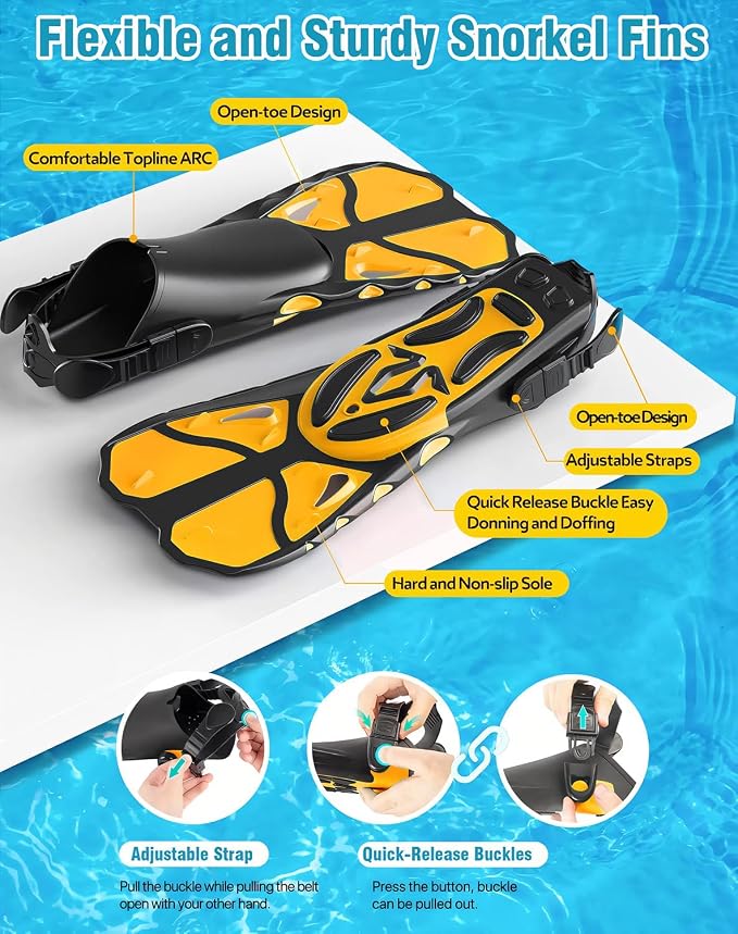Snorkel Set with Fins for Adults, Snorkeling Gear for Adults Men and Women, Snorkle, Mask Set Adults Dry Top Snorkel Mask Combo Set with Travel Bag for Snorkeling, Diving, Swimming