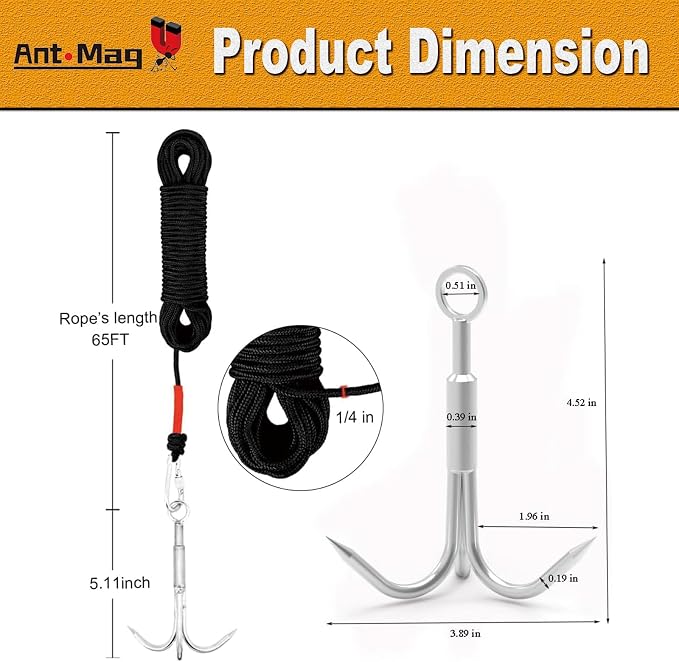 Ant Mag Grappling Hook with Claw Tips - Heavy Duty Stainless Steel Carabiner for Camping, Hiking, Tree Climbing, Water Retrieval & Salvage Operations