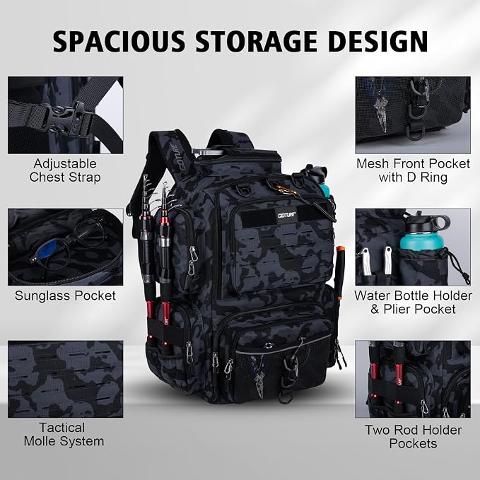 Goture Fishing Backpack,900D Water-Resistant Tackle Backpack with Rod Holders, SBS Zippers,45L Large Fishing Bag Storage Gear Tackle Bag with Rain Cover, Bottle Holder for Travel Camping Hiking