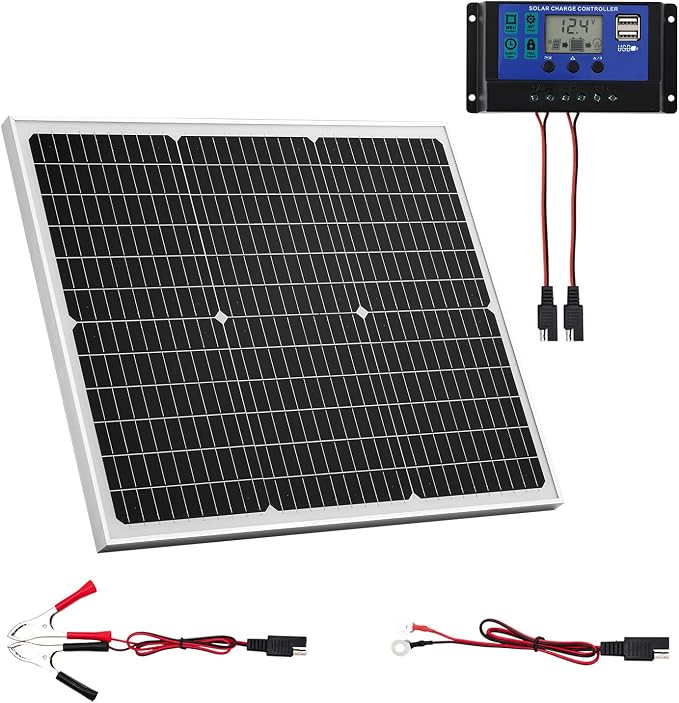 VEVOR 50W 12V Solar Battery Charger Maintainer, Mono Solar Panel Trickle Battery Charger with Upgraded MPPT Controller, IP65 Waterproof for Car Boat RV Trailer Flat Rooftop (Bracket Not Included)