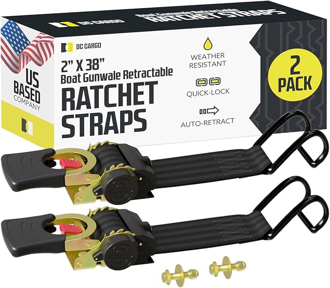 DC Cargo Mall Boat Retractable Ratchet Strap Heavy Duty Gunwale Kit & Transom Tie Down Straps & Heavy-Duty 2" x 38" Straps for Secure Boat or Jet Ski Trailer Transport - 2500 lbs Break Strength