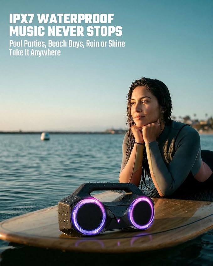 OZJ Bluetooth Speaker Outdoor Loud: 80W(Peak) with Bass, Portable Wireless Speaker with IPX7 Waterproof, 20H Playtime, RGB Lights, TWS for Outside, Beach, Work (Black)