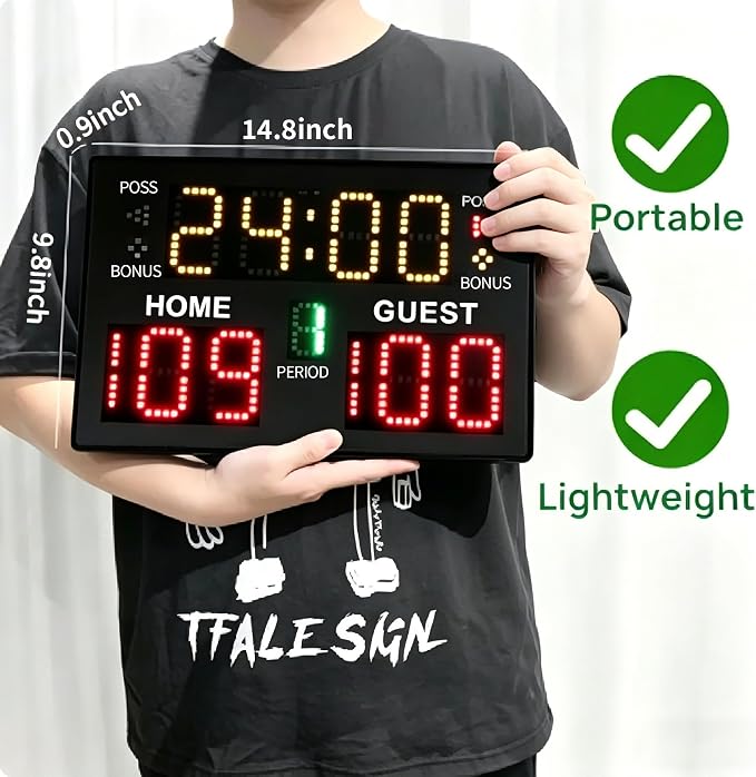 Portable Digital Scoreboard with Remote, LED Electronic Score Keeper, Battery Powered Basketball Score Board, Outdoor Scoreboard for Indoor Outdoor Courts & Sports Events