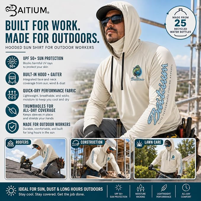 Fishing Shirts for Men,UPF50 Hooded Long Sleeve with Gaiter, Sun Protection Dry Fit Apparel, Face Mask, Fishing Clothes