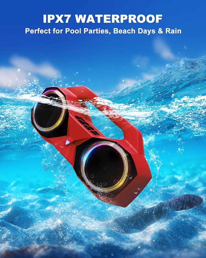 OZJ Bluetooth Speaker Outdoor Loud: 80W(Peak) with Bass, Portable Wireless Speaker with IPX7 Waterproof, 20H Playtime, RGB Lights, TWS for Outside, Beach, Work (Red)