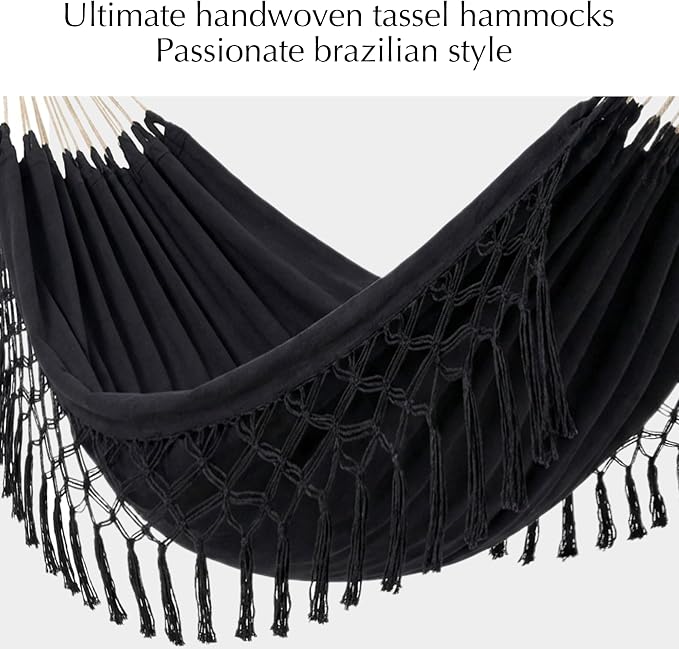 PNAEUT Double Hammocks for Outside, Replacement 2 Person Outdoor Tree Hammock for Indoor Patio Porch Garden (Tassel Black, Medium)