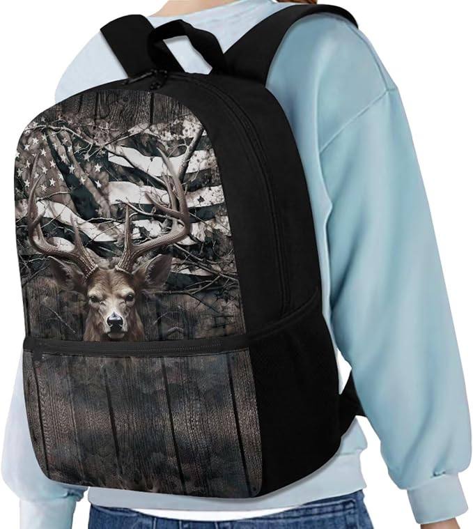 Camo Deer Hunting Kids Bookbag School Backpack with Lunch Box for Girls,American Flag Deer Childrens Backpack for Boys School Bags with Pencil Case and Bottle Holder Set of 4