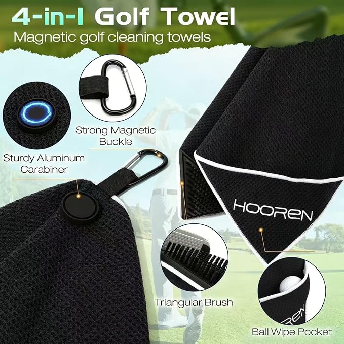 Magnetic Golf Towel with Brush & Cleaning Pocket, 4-in-1 Golf Cleaning Kit 3 Stage Cleaning System Golf Club Cleaning Kit, Microfiber Waffle Golf Accessories 15.7" X 23.6", Black
