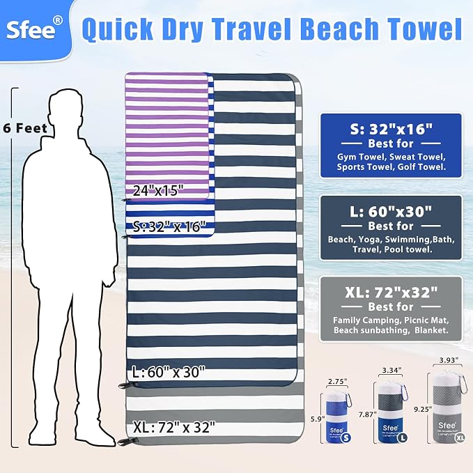 Sfee 4 Pack(8Pcs) Microfiber Travel Towel, Beach Towel Quick Dry Towel Camping Towel Super Absorbent Compact Lightweight Sports Gym Towels for Beach, Gym, Hiking, Pool, Backpacking, Bath, Yoga