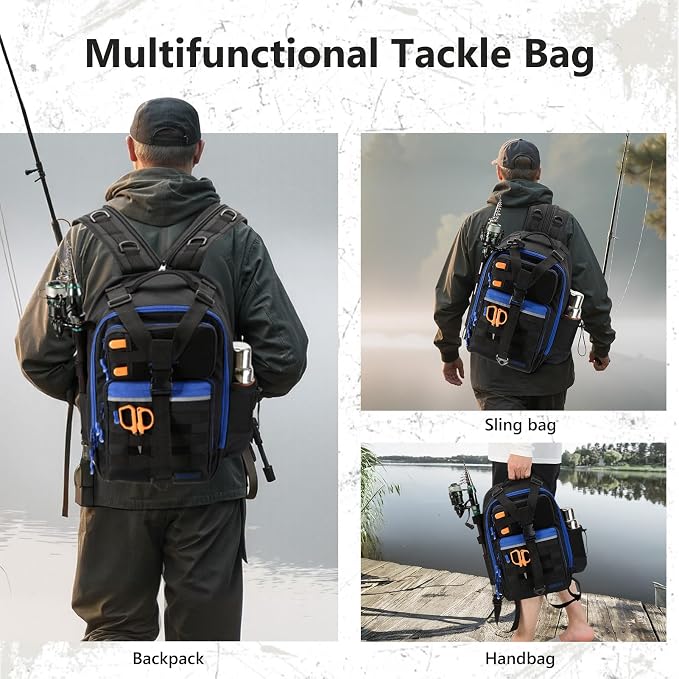 BASSDASH Convertible Fishing Backpack Sling Bag with Rod Holder, Adjustable Tactical Water-Resistant Tackle Storage Pack FP07