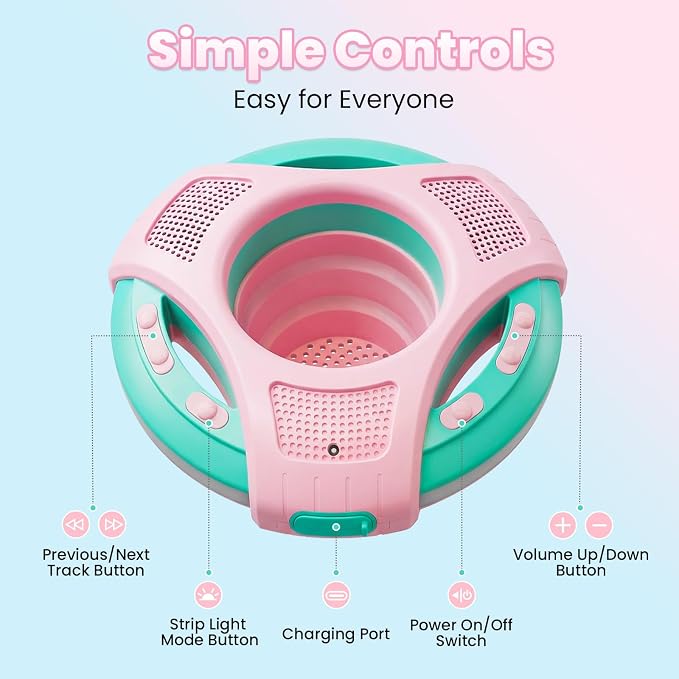 Mambobaby Float Bluetooth Speaker with Foldable Cup Holder, IPX7 Waterproof Bathroom Speaker, 360° Surround Sound, Colorful LED Lights, Dual Speakers, Ideal for Pool, Beach & Outdoor Use-Pink Green