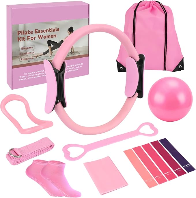 SANLIKE Home Pilates Essentials Kit for Women, Pilates Equipment Ring and Ball Set, 12'' Magic Circle, Yoga Ball,8 Resistance Bands Premium Accessories Kits for Starter Toning Workouts at Home