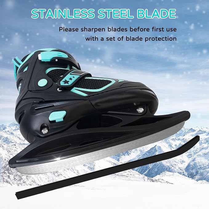 MammyGol Adjustable Ice Skates for Kids Youth Tean Hockey Lace-Up Boys or Girls Ice Skate for Beginner Age 4-12 Blue Black Teal Green