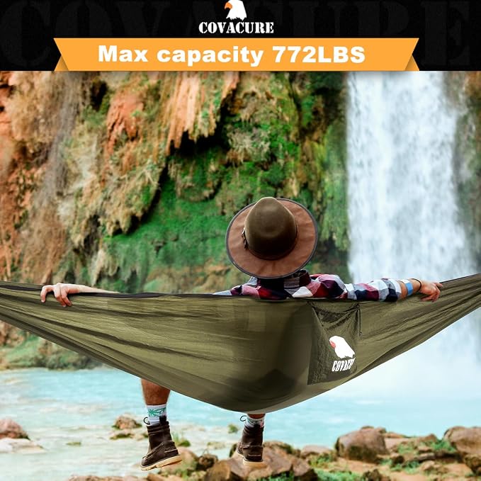 COVACURE Camping Hammock - 772lbs Capacity Portable Hammock with Tree Straps, Durable Parachute Nylon Travel Hammock, Outdoor Camping Gear for Hiking, Backpacking, Travel or Backyard (Army Green)