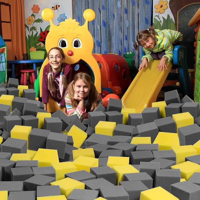 Foam Pit Cubes, 24 PCS 5 Inches Gymnastics Foam Blocks Trampoline Blocks, Multi-Sport Protective Padding for Gymnastics, Trampoline, Parkour, Skate Parks & BMX - Dark Grey & Yellow