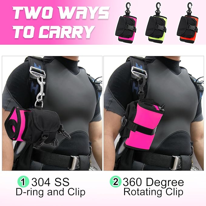 Surface Marker Buoy Scuba with Reel, 5ft High Visibility Diving Open Bottom Signal Tube Safety Sausage with Pouch Bag, 100ft ABS Dive Reel and Steel Double-Ended Bolt Snap (Hi-Vi Pink)
