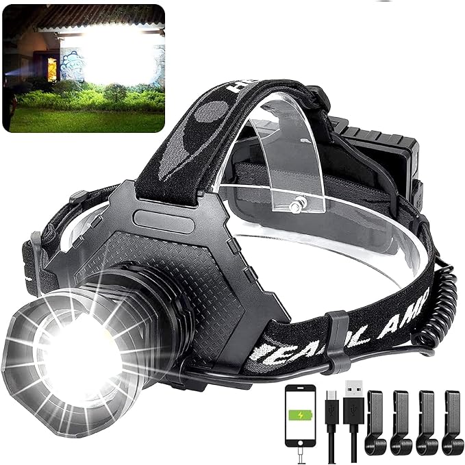 Hoxida LED Rechargeable Headlamp 90000 High Lumen, XPH70 Brightest LED Work Headlight Zoomable, Waterproof, 90° Adjustable, 5 Modes Lightweight Head Lamp for Adult Camping, Hard Hat, Hunting