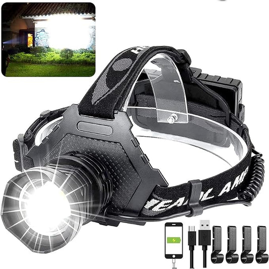 Hoxida LED Rechargeable Headlamp 90000 High Lumen, XPH70 Brightest LED Work Headlight Zoomable, Waterproof, 90° Adjustable, 5 Modes Lightweight Head Lamp for Adult Camping, Hard Hat, Hunting