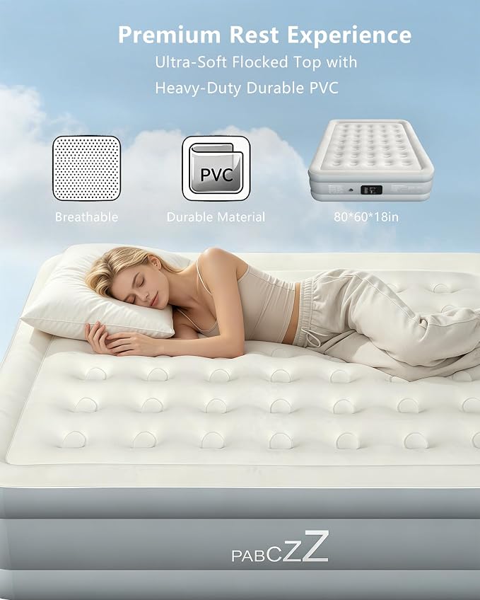 air Mattress Queen with Built in Pump – 18-Inch Thickened Inflatable Mattress for Easy Travel, Supports Up to 650 Pounds Pounds (Light Gray, Queen)