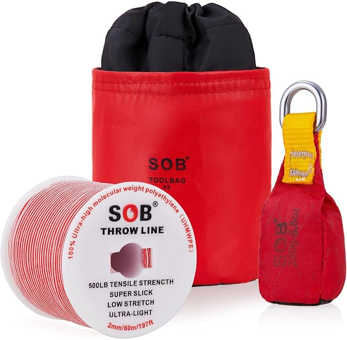 SOB Arborist Throw Line Kit with Slick Rope 197FT, Throw Weight, Reflective Storage Bag, Suit for Tree Cutting,Camping, Trimming, Hanging Swing ﻿ (197FT Rope with 8.8Oz Throw Bag)
