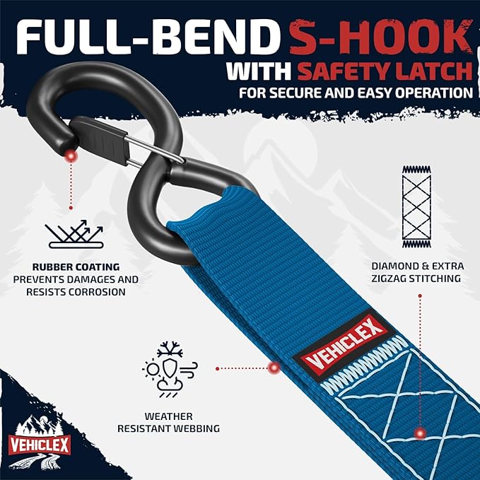 Vehiclex Motorcycle Ratchet Tie Down Straps with Soft Loops - 4PK Heavy Duty 1.5" x 8ft Kit, 4,400 lb Breaking Strength for Powersports, Blue