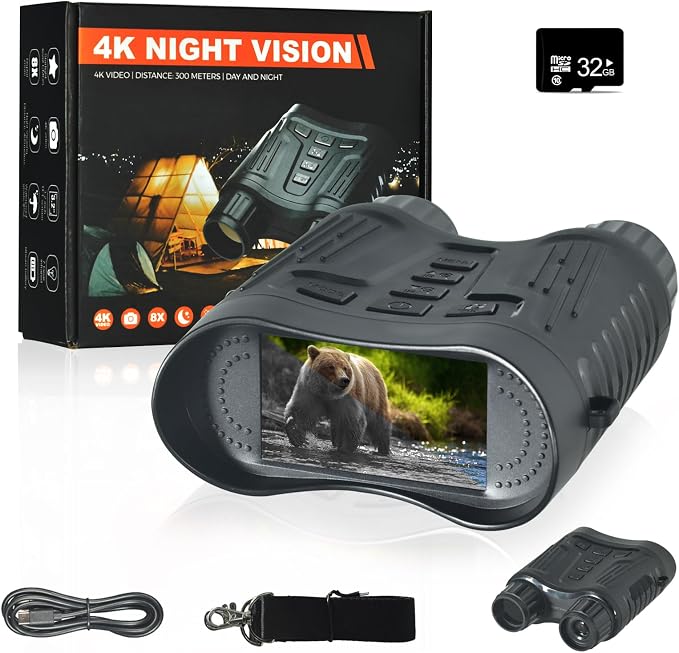 Kethvoz 4K Night Vision Binoculars, 8X Digital Zoom & 7-Level Adjustable IR - 1080P HD Video Recording & 36MP Photos, with 32GB Card, Ideal for Hunting, Camping, Security Surveillance