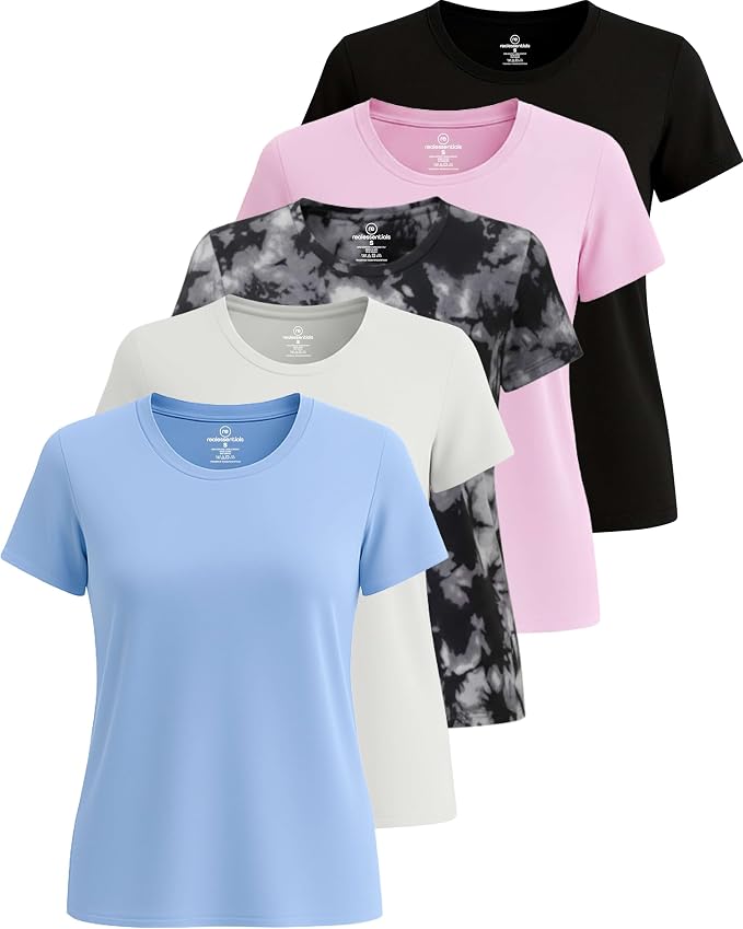 Real Essentials 5 Pack: Women's Short Sleeve T-Shirts Workout Tops Fitness Pilates Gym Activewear Athletic (Plus Available)