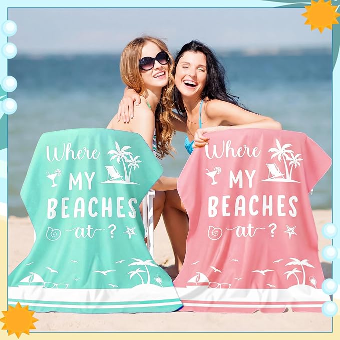 Patelai 4 Pcs Where My Beaches at Towels Girls Trip Gifts Lightweight Microfiber Oversized 35 x 70 Inches Towels Quick Dry Colorful Easy Pack for Swimming Pool Camping Women Adult Vacation