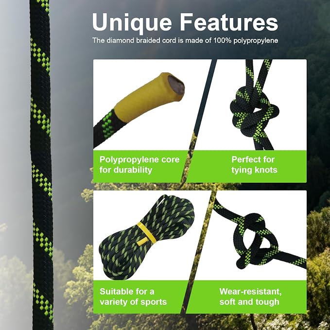 131ft/40m High Strength Static Climbing Rope UIAA Certified 10mm 3/8 Inch Rope Black & Fluorescent Green for Rappelling Fire Rescue & Outdoor Climbing