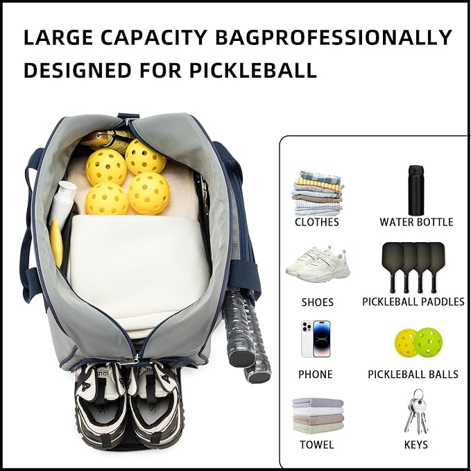ROYALFAIR Pickleball Tote Bag for Women Men Large Capacity with Paddle Cover Pocket Internal Shoe Pocket and Adjustable Shoulder strap