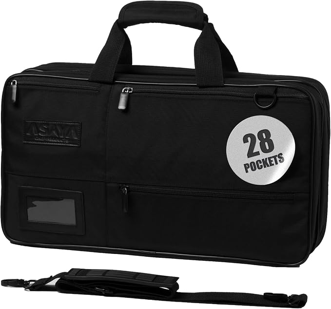 Asaya Chef Knife Bag - 28-Pocket Knives Carrying Case for Kitchen Tools and Utensils, Ballistic Nylon Chef Knife Roll Bag with Adjustable Shoulder Strap - Knives Not Included (Black)