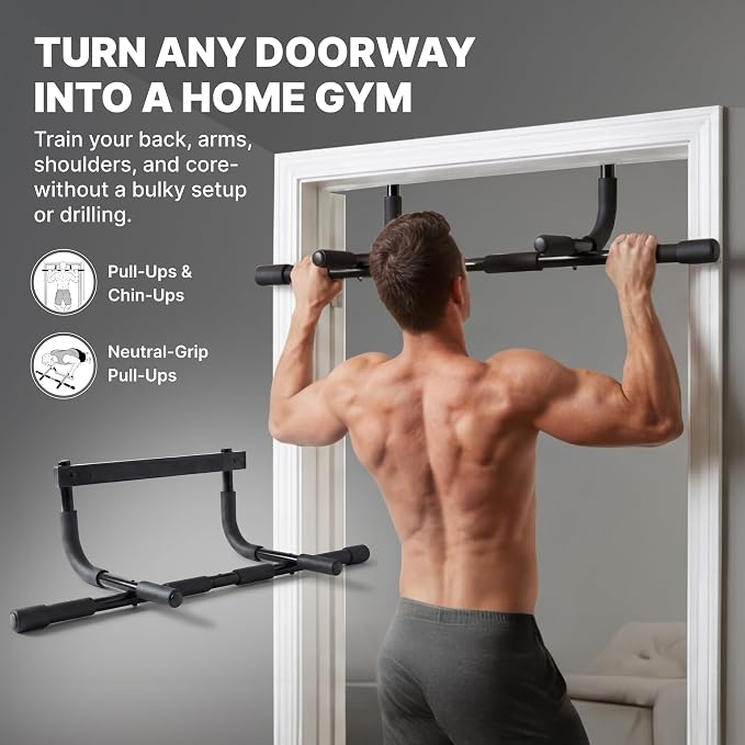 DMoose Fitness Pull Up Bar for Doorway - Upto 250 Lbs Capacity, No Screwing or Slipping, Hanging Pullup & Chin Up Bar for Door Frame - Multi Padded Grips for Strength Training with Installation Guide