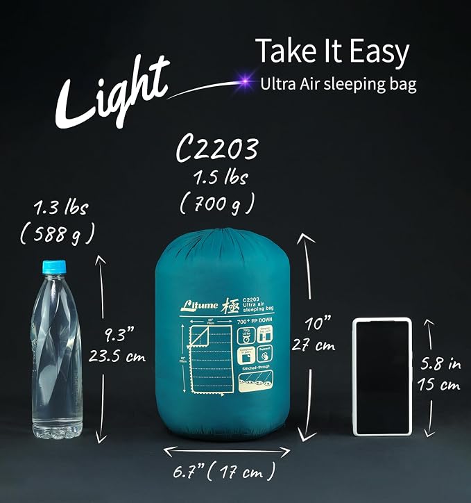 Litume Ultra Compact Down Sleeping Bag - 3 Season, Lightweight, 700 Fill Power, Packable for Adults, Double, Backpacking, Camping, Hiking, Family - With Stuff Sack