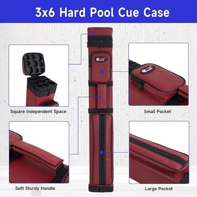 GSE Games & Sports Expert 3x6 Hard Pool Cue Case, Billiard Stick Carrying Bag for 3 Sticks, Holds 3 Butts and 6 Shafts (Several Colors Available)
