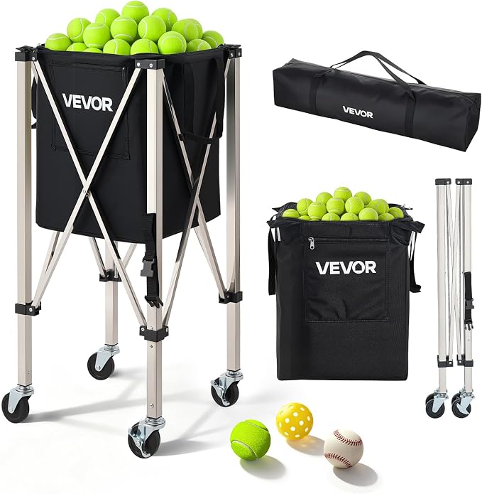 VEVOR Tennis & Pickleball Hopper Holds 200/175/150/120 Balls, 3-in-1 Tennis Foldable Pickleball Basket Cart for Easy Installation, Storage Bag for Tennis Training & Teaching