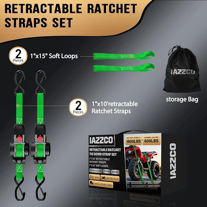 10FT Retractable Ratchet Straps(2-Pack) - 1 Inch (1800 LB Break Strength) Heavy Duty Self Retracting Ratchet Straps with Soft Loops & Storage Bag for Household, Motorcycle, Truck, ATV(Green)