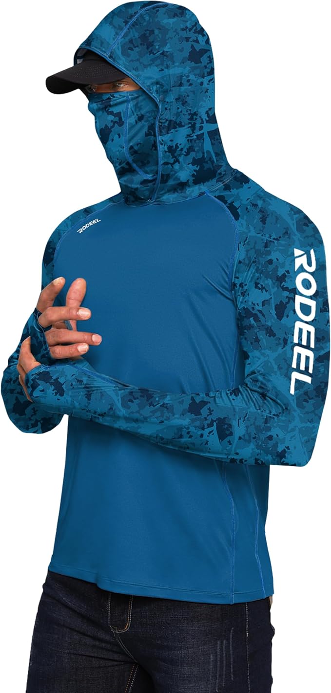 Rodeel Men's UPF 50+ Performance Fishing Hoodie, Long Sleeve Sun Protection Athletic Quick-Dry Breathable T-Shirt