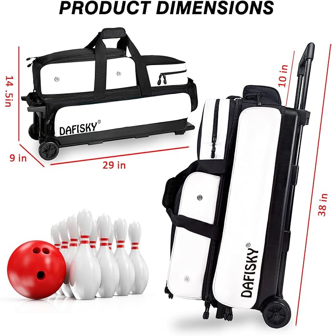 DAFISKY 3 Ball Bowling Bags with Wheels, Roller Bowling Bag with Multiple Pockets Retractable Handle Extends to 38‘’